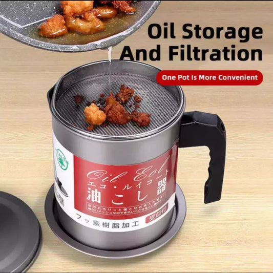 Stainless Steel Oil Filter Pot with Tray 1.4L – Kitchen Grease Strainer & Storage Container